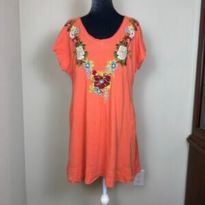 Johnny Was Boho Relaxed Fit T-Shirt Dress Embroidered Floral Size L Soft Casual